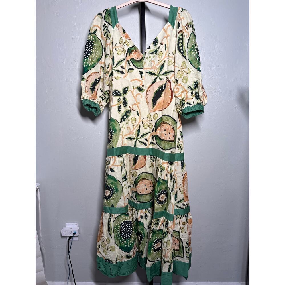 Alexis Pierah‎ Maxi Dress Womens L Jade Garden Fruit Linen Blend A-Line Resort - Picture 7 of 9
